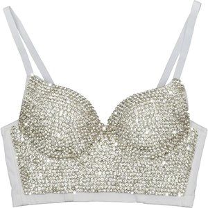 Women's Rhinestone Diamond Push Up Bustier Crop Top Sexy Punk Corset Bra White